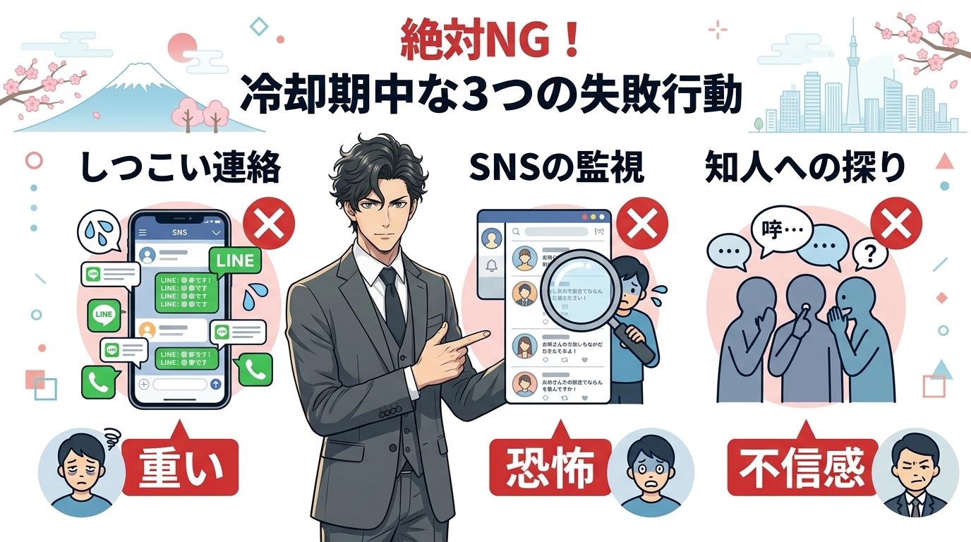 日本人の写真と現代日本の風景がベース。参照画像のテイストで生成。, インフォグラフィック、フラットデザイン、白背景。「絶対NG！冷却期間中にやりがちな3つの失敗行動」というタイトル。その下に3つの項目