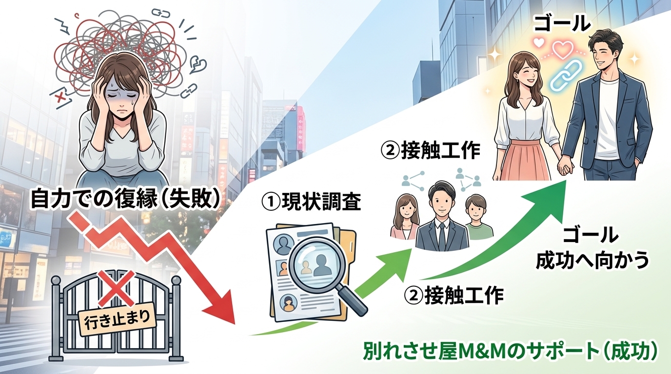 日本人の写真と現代日本の風景がベース。参照画像のテイストで生成。, インフォグラフィック、比較フロー図。左に「自力での復縁（失敗）」、右に「別れさせ屋M&Mのサポート（成功）」を配置。左は悩む女性と絡