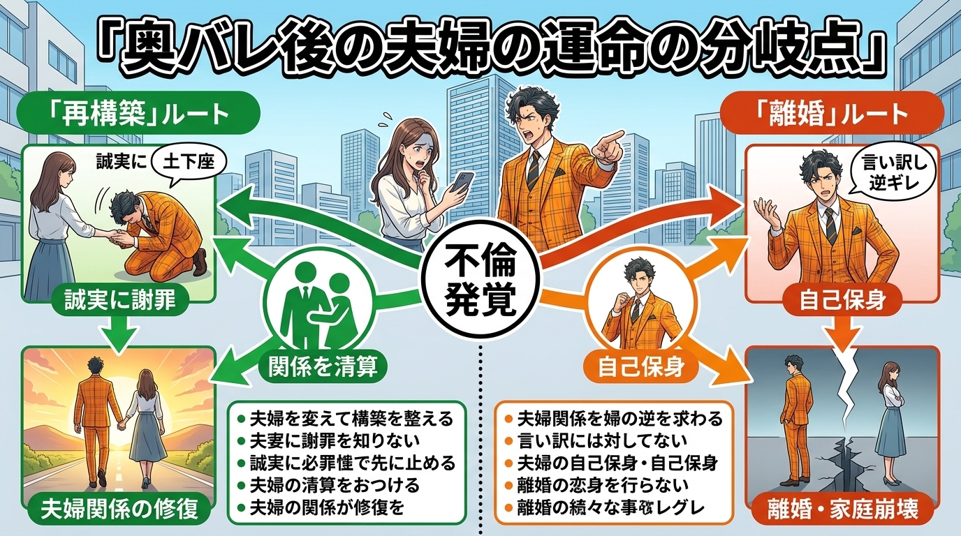 日本人の写真と現代日本の風景がベース。参照画像のテイストで生成。, 「奥バレ後の夫婦の運命の分岐点」というタイトルのインフォグラフィック。中央の「不倫発覚」から道が左右に分岐するフロー図形式。左の「再