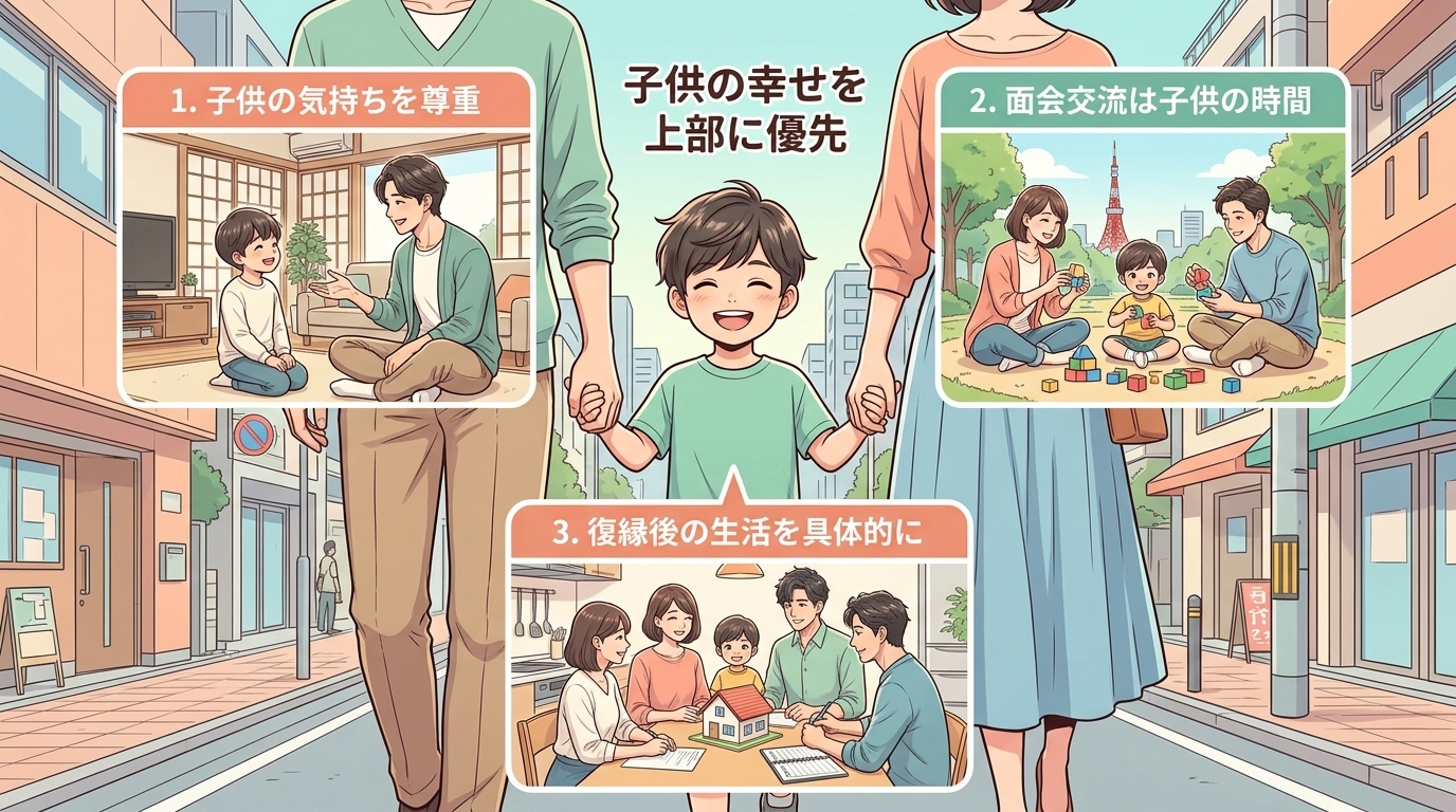 日本人の写真と現代日本の風景がベース。参照画像のテイストで生成。, 「子供がいる場合の離婚後の復縁」をテーマにしたインフォグラフィック。中央に笑顔の子供を配置し、「子供の幸せを最優先」というメッセージ