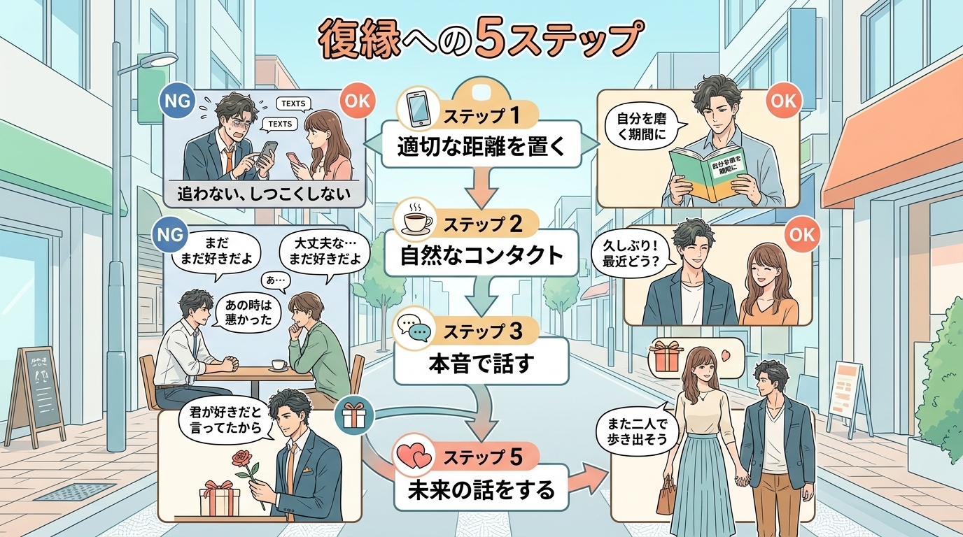 日本人の写真と現代日本の風景がベース。参照画像のテイストで生成。, インフォグラフィック、タイトルは「復縁への5ステップ」。上から下に続くステップ図で、男女のキャラクターが段階的に距離を縮める様子を描