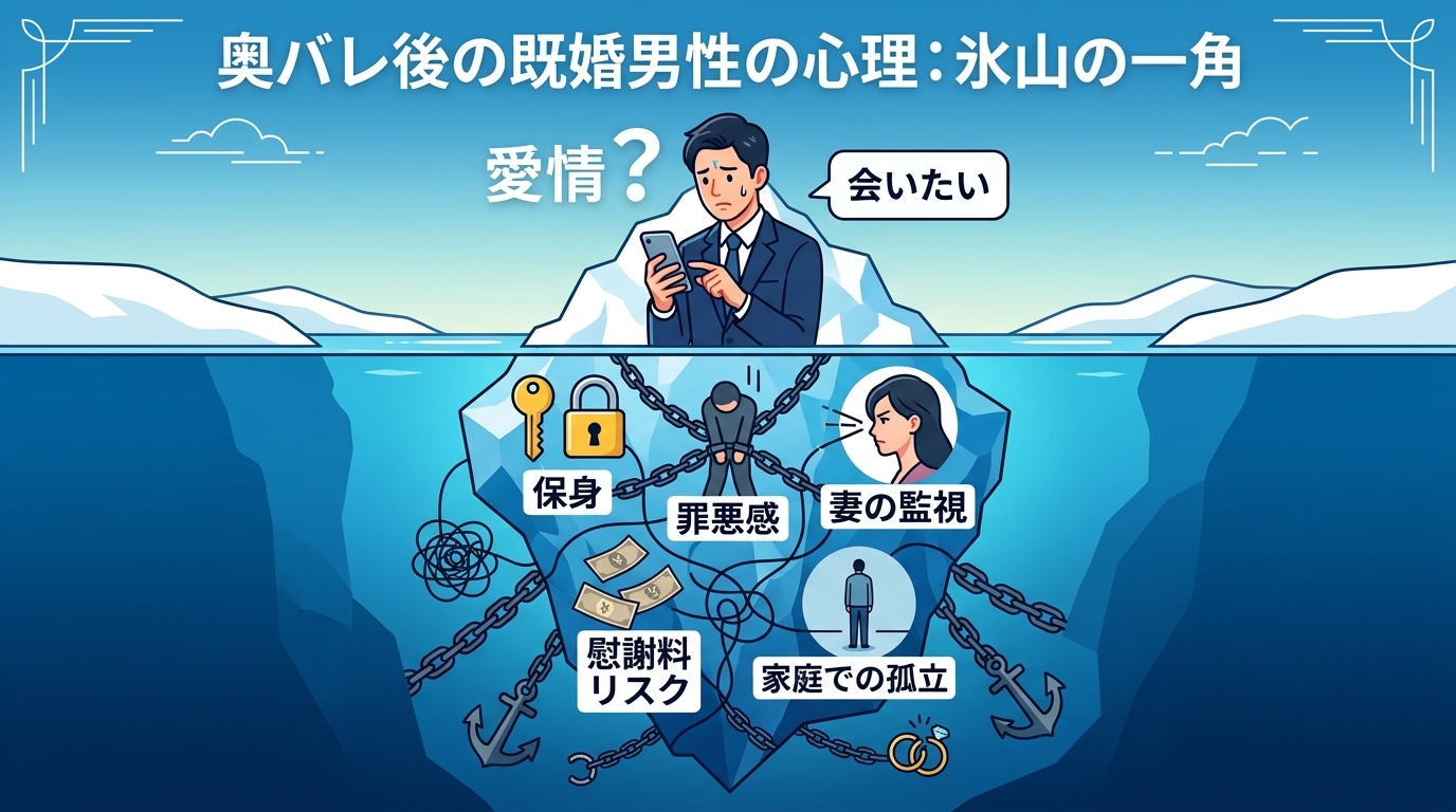 日本人の写真と現代日本の風景がベース。参照画像のテイストで生成。, 「奥バレ後の既婚男性の心理」をテーマにしたインフォグラフィック。氷山の一角の構図で、水面の上には「会いたい」というメッセージを送る男