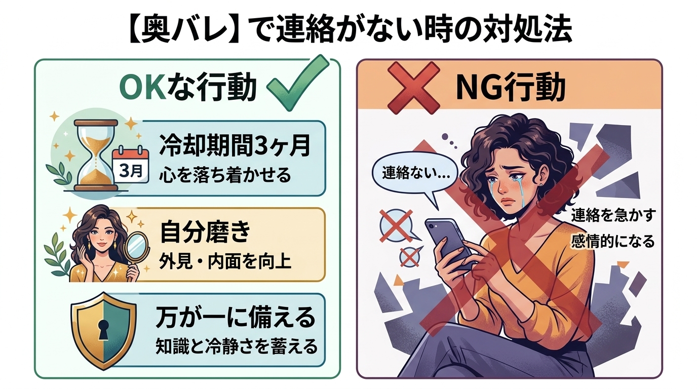 日本人の写真と現代日本の風景がベース。参照画像のテイストで生成。, 「奥バレで連絡がない時の対処法」のインフォグラフィック。画面を左右に分割した比較図で、左に「OKな行動」、右に「NG行動」を配置。左