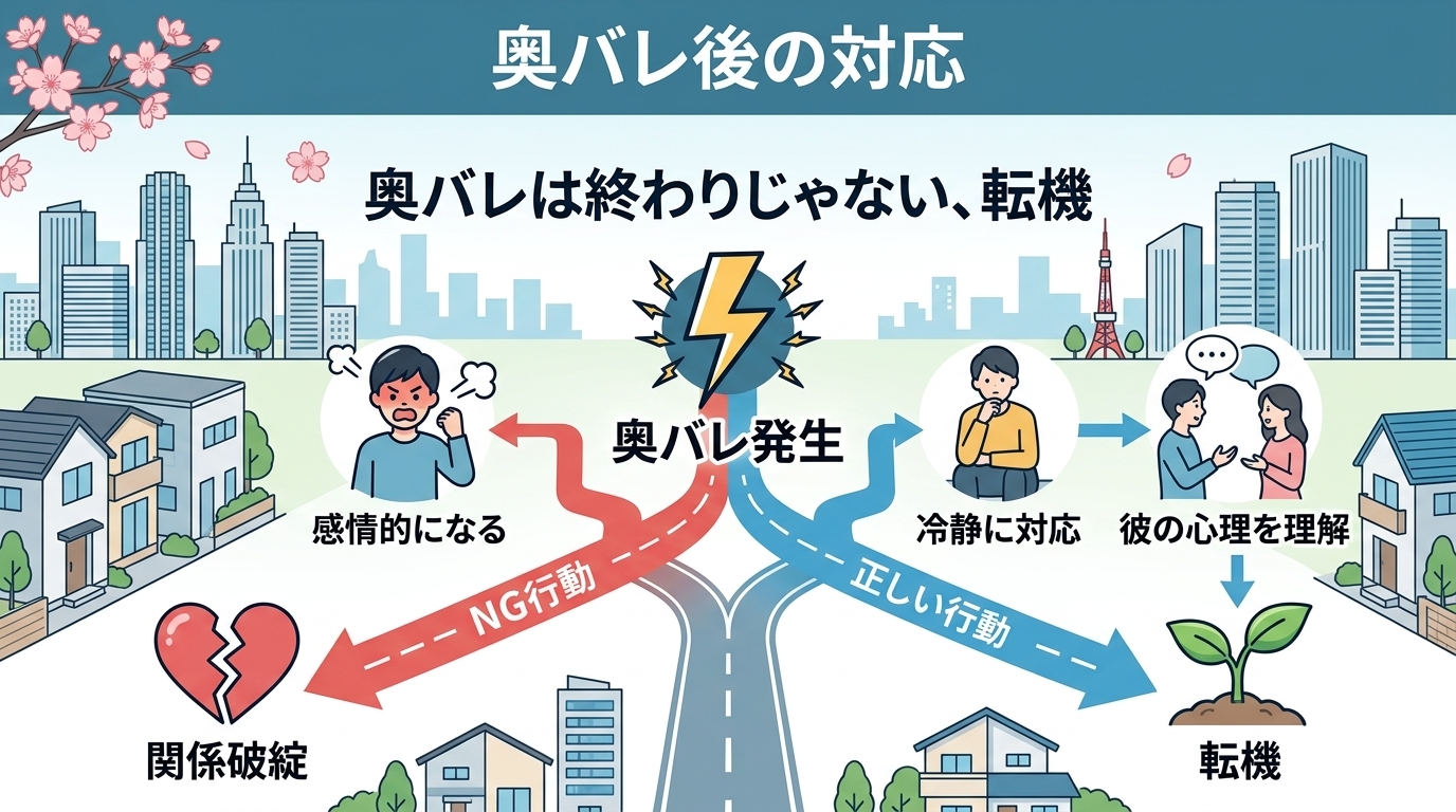 日本人の写真と現代日本の風景がベース。参照画像のテイストで生成。, 「奥バレ後の対応」をテーマにしたインフォグラフィック。中央に「奥バレ発生」と書かれた雷のアイコンを配置し、そこから道が二つに分岐する
