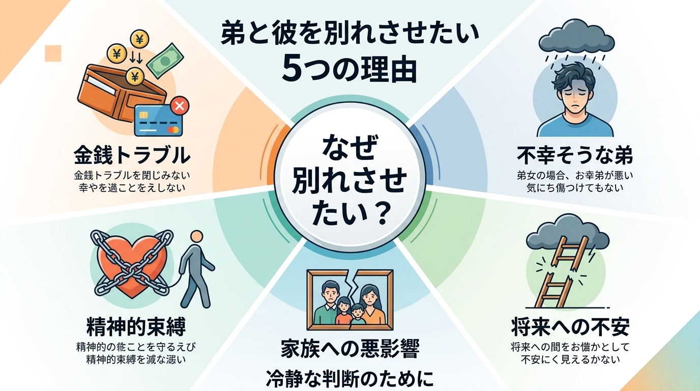 日本人の写真と現代日本の風景がベース。参照画像のテイストで生成。, 「弟と彼女を別れさせたい5つの理由」をテーマにしたインフォグラフィック。中央に「なぜ別れさせたい？」という問いを配置し、放射状に5つ