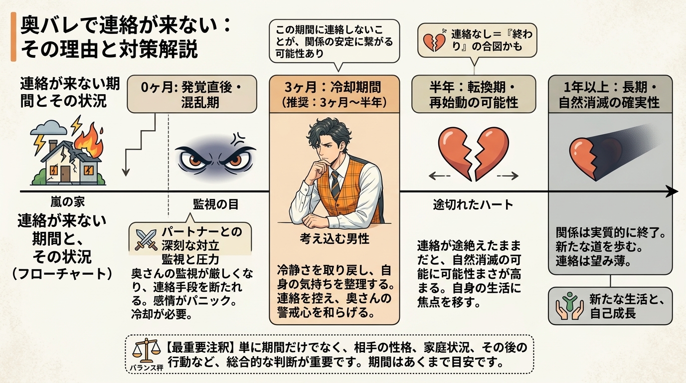 日本人の写真と現代日本の風景がベース。参照画像のテイストで生成。, 「奥バレで連絡が来ない」状況を解説するインフォグラフィック。左から右への時間軸（0ヶ月、3ヶ月、半年、1年以上）を持つフローチャート