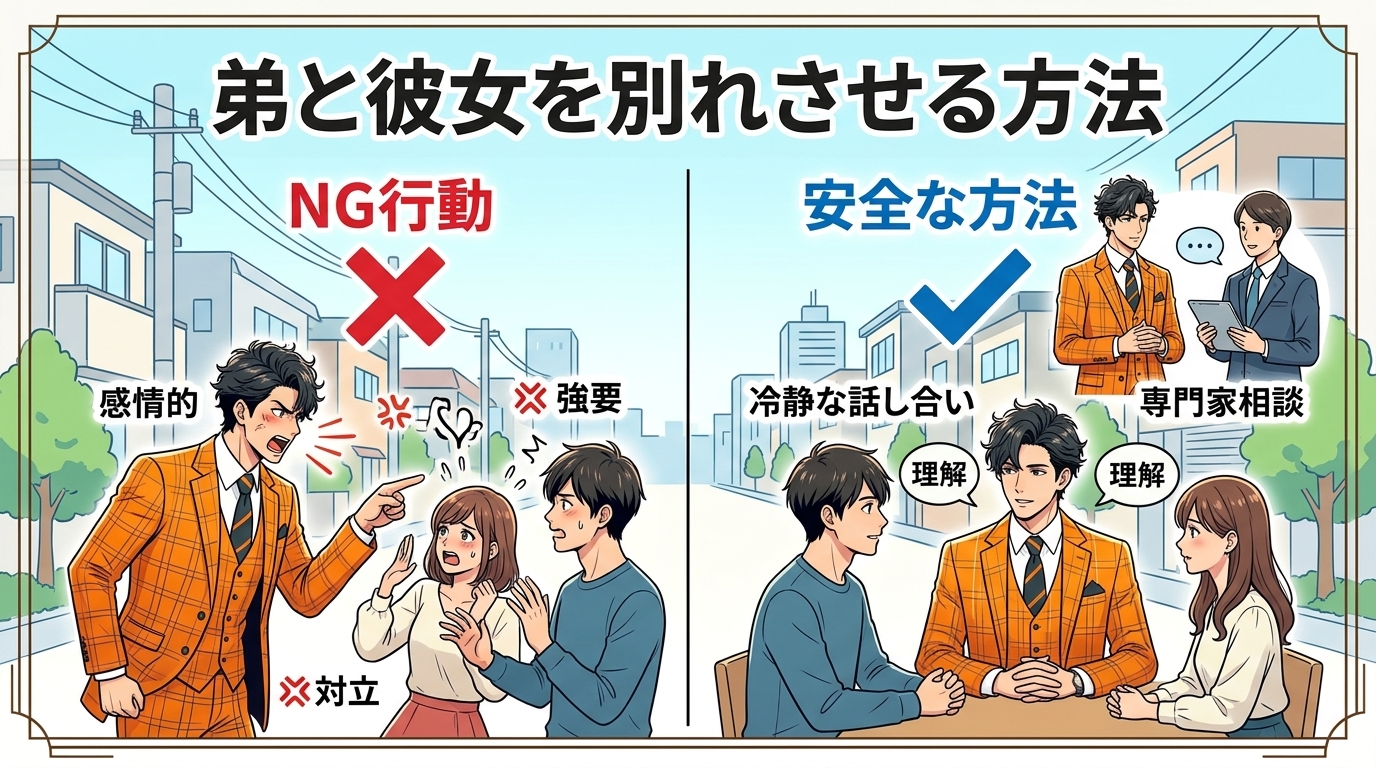 日本人の写真と現代日本の風景がベース。参照画像のテイストで生成。, インフォグラフィック。「弟と彼女を別れさせる方法」というタイトルで、画面を左右に2分割した比較図。左側は「NG行動」として、家族が弟