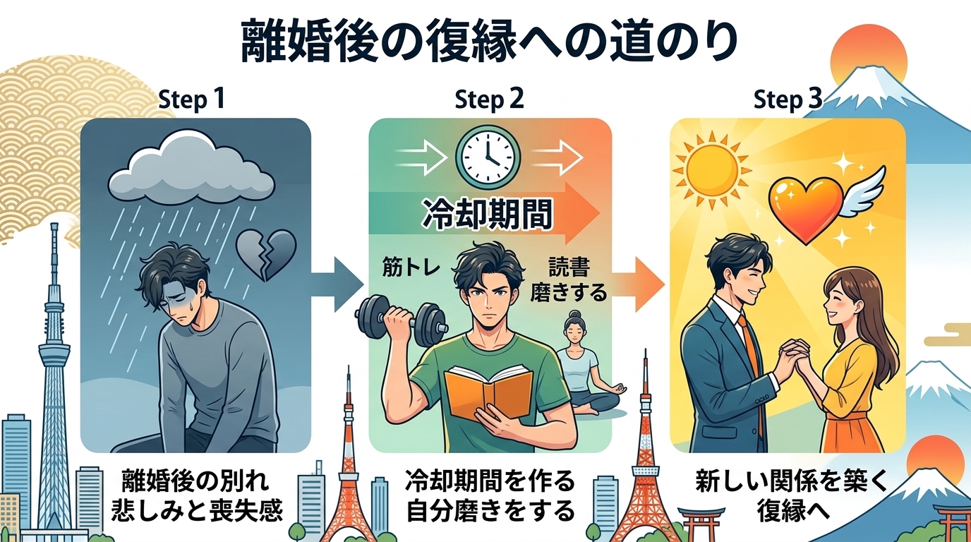 日本人の写真と現代日本の風景がベース。参照画像のテイストで生成。, 「離婚後の復縁」をテーマにしたインフォグラフィック。フラットデザインのデジタルイラストで、復縁への道のりを3ステップのフロー図で描く