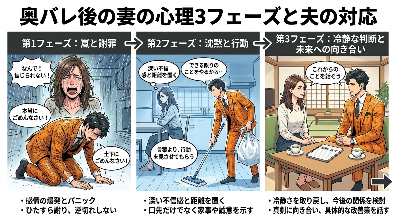 日本人の写真と現代日本の風景がベース。参照画像のテイストで生成。, インフォグラフィック、図解。「奥バレ後の妻の心理3フェーズと夫の対応」というタイトルで、3つのステップを時系列に描く。第1フェーズ: