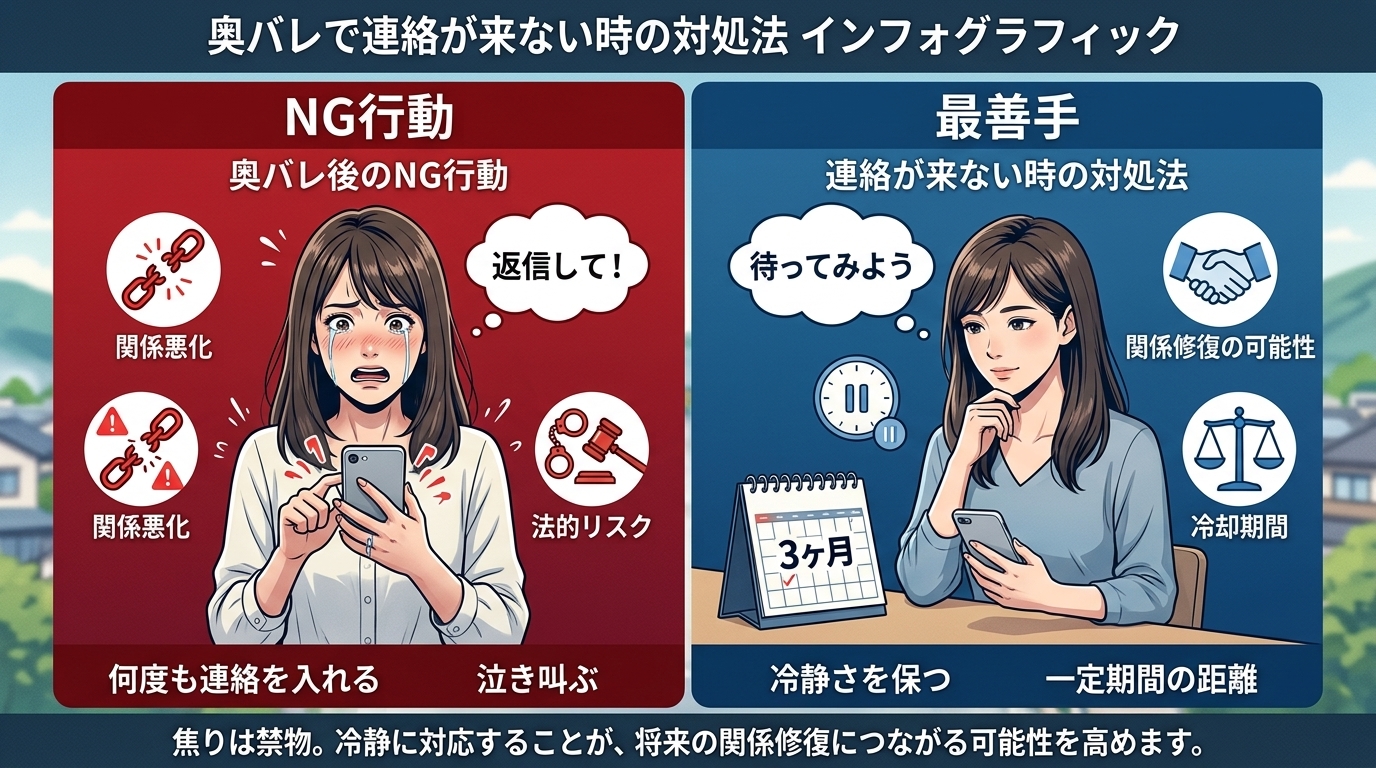 日本人の写真と現代日本の風景がベース。参照画像のテイストで生成。, インフォグラフィック、奥バレで連絡が来ない時の対処法。左右2分割の比較図。左側は「NG行動」として、泣きながらスマホを連打する女性と