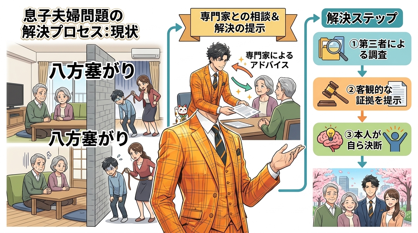 日本人の写真と現代日本の風景がベース。参照画像のテイストで生成。, 息子夫婦問題の解決プロセスを示すインフォグラフィック。左に「八方塞がり」と書かれ、悩む年配の親と、壁の向こうで妻の言いなりになってい