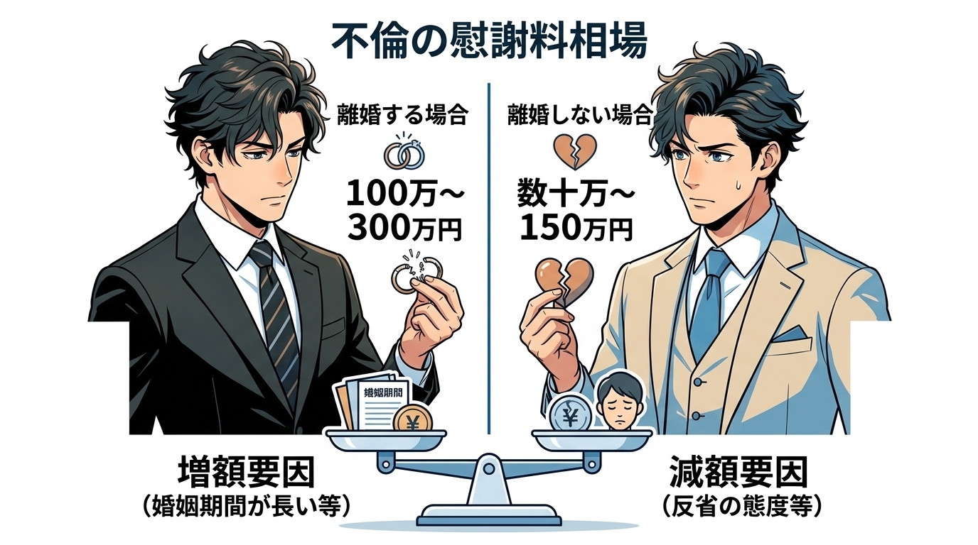 日本人の写真と現代日本の風景がベース。参照画像のテイストで生成。, 「不倫の慰謝料相場」をテーマにしたインフォグラフィック。画面を左右に分割した比較図。左側に「離婚する場合 100万~300万円」と記