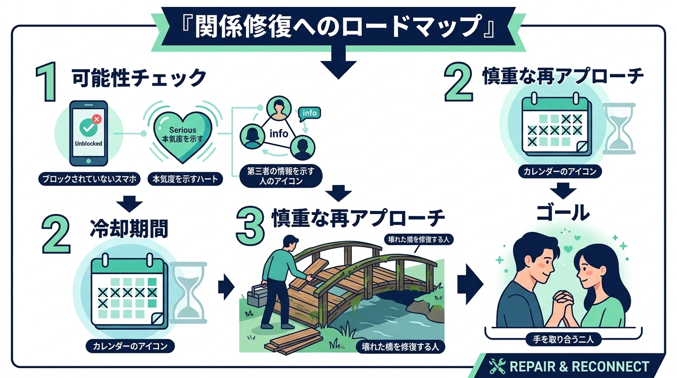 日本人の写真と現代日本の風景がベース。参照画像のテイストで生成。, インフォグラフィック、『関係修復へのロードマップ』というタイトルで、復縁までの3ステップを図解。フラットデザインのデジタルイラスト。