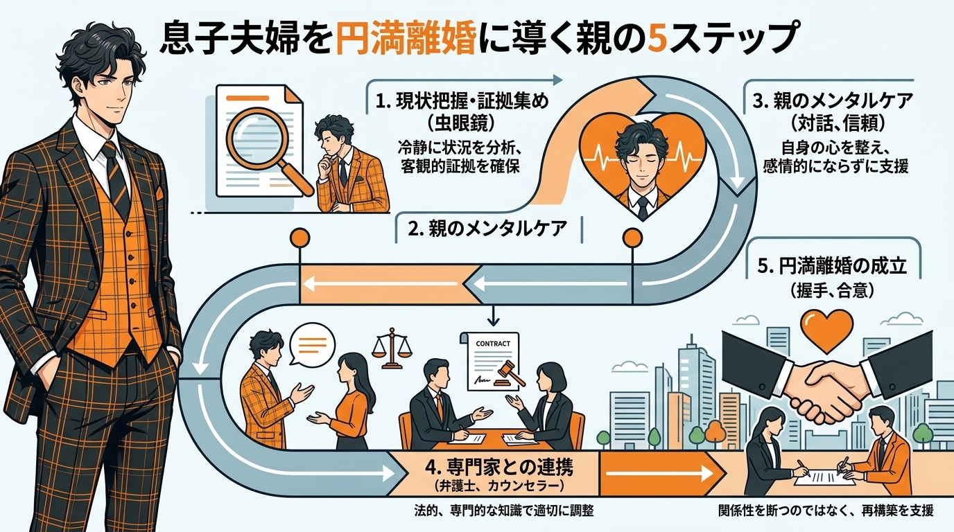 日本人の写真と現代日本の風景がベース。参照画像のテイストで生成。, インフォグラフィック、ロードマップ形式。「息子夫婦を円満離婚に導く親の5ステップ」というテーマで、S字の道に沿って5つの段階を描写。