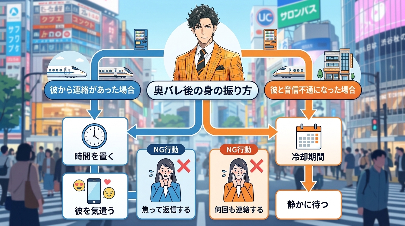 日本人の写真と現代日本の風景がベース。参照画像のテイストで生成。, インフォグラフィック、フローチャート。「奥バレ」という状況から左右に道が分岐。左の道は「彼から連絡あり」の場合の対処法で、時計のアイ