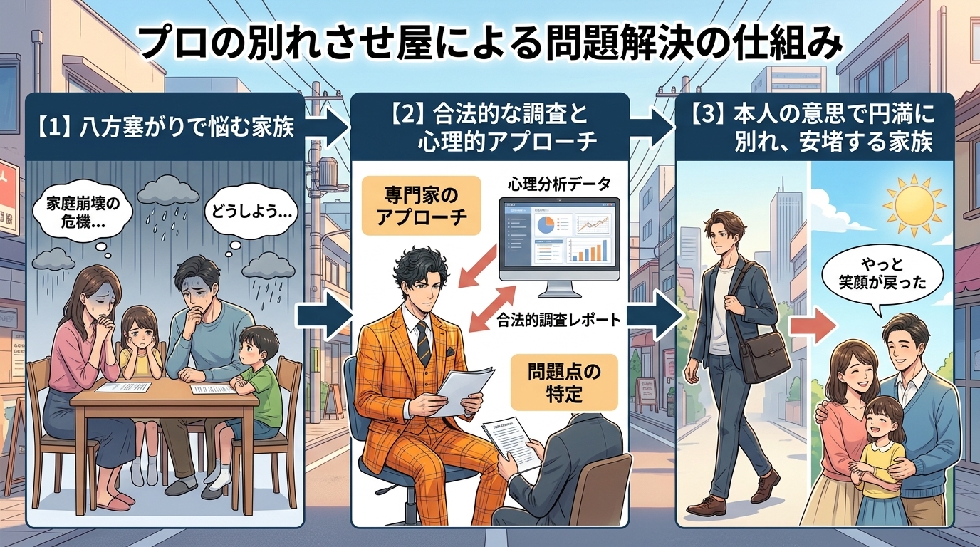 日本人の写真と現代日本の風景がベース。参照画像のテイストで生成。, 「プロの別れさせ屋による問題解決の仕組み」をテーマにしたインフォグラフィック。左から右へ流れる3段階のフロー図で、左に「八方塞がりで