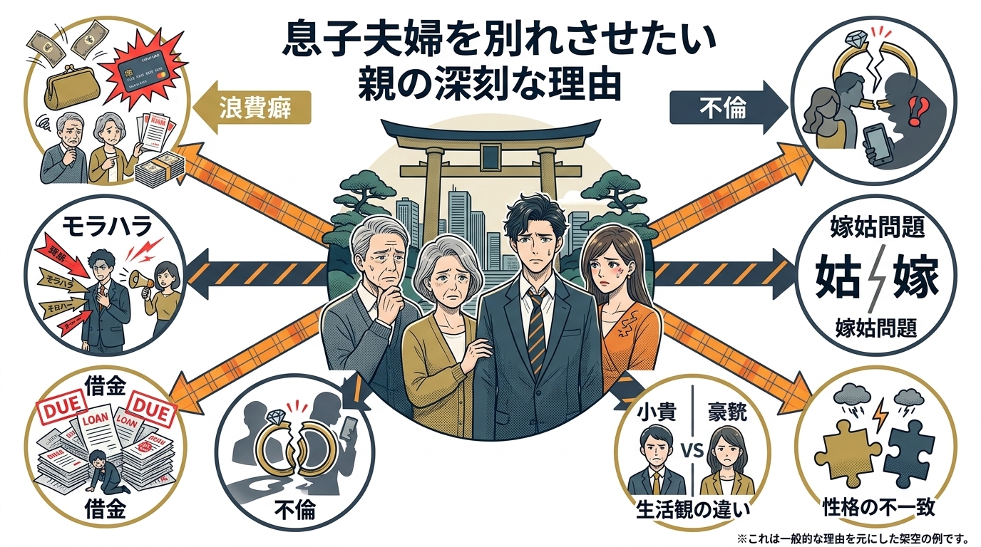 日本人の写真と現代日本の風景がベース。参照画像のテイストで生成。, 「息子夫婦を別れさせたい親の深刻な理由」をテーマにしたインフォグラフィック。中央に悩む息子夫婦と心配する親を配置し、そこから放射状に