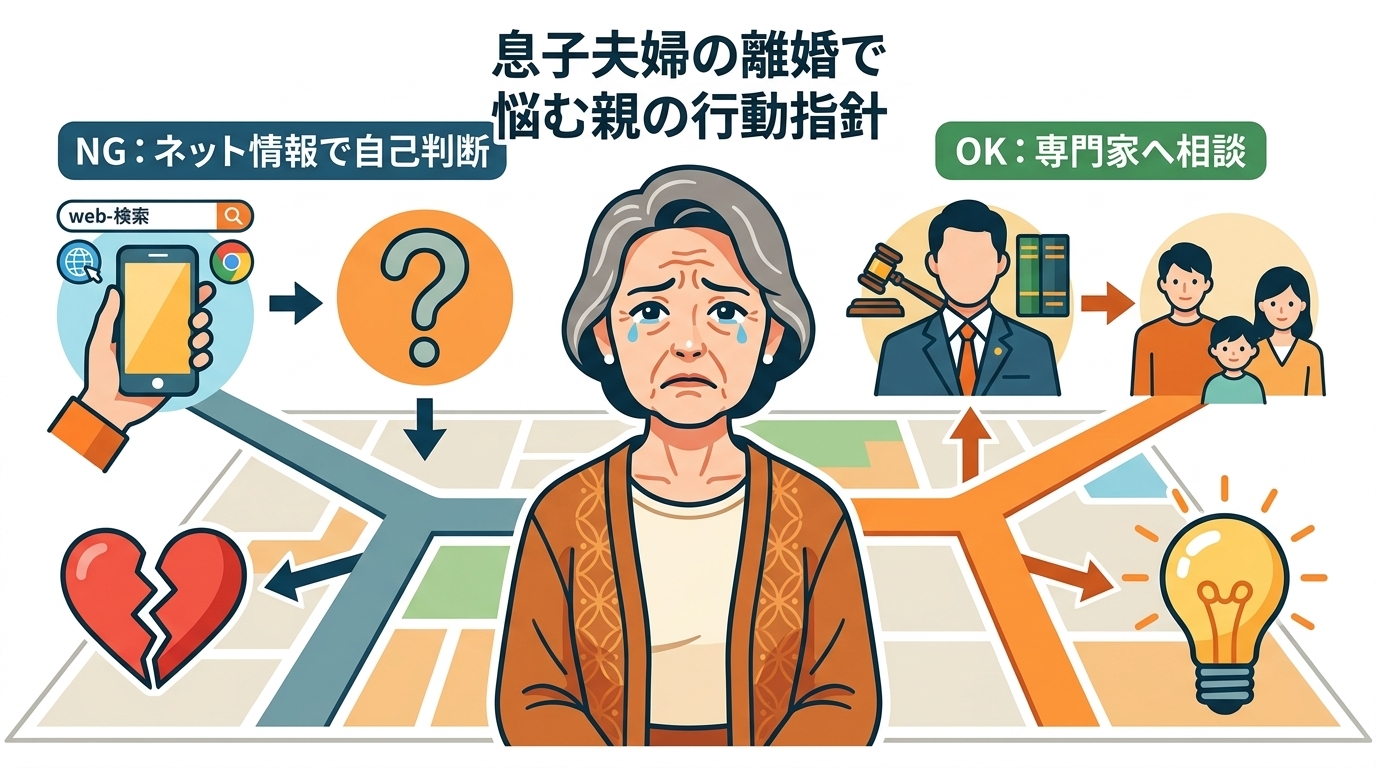 日本人の写真と現代日本の風景がベース。参照画像のテイストで生成。, インフォグラフィック。息子夫婦の離婚で悩む親の行動指針。中央に困った表情の60代女性。左側には「NG:ネット情報で自己判断」という道