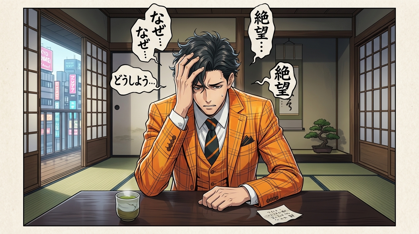 頭を抱えて絶望している男性、または背を向け合って深刻な雰囲気にいる夫婦のシルエット画像]