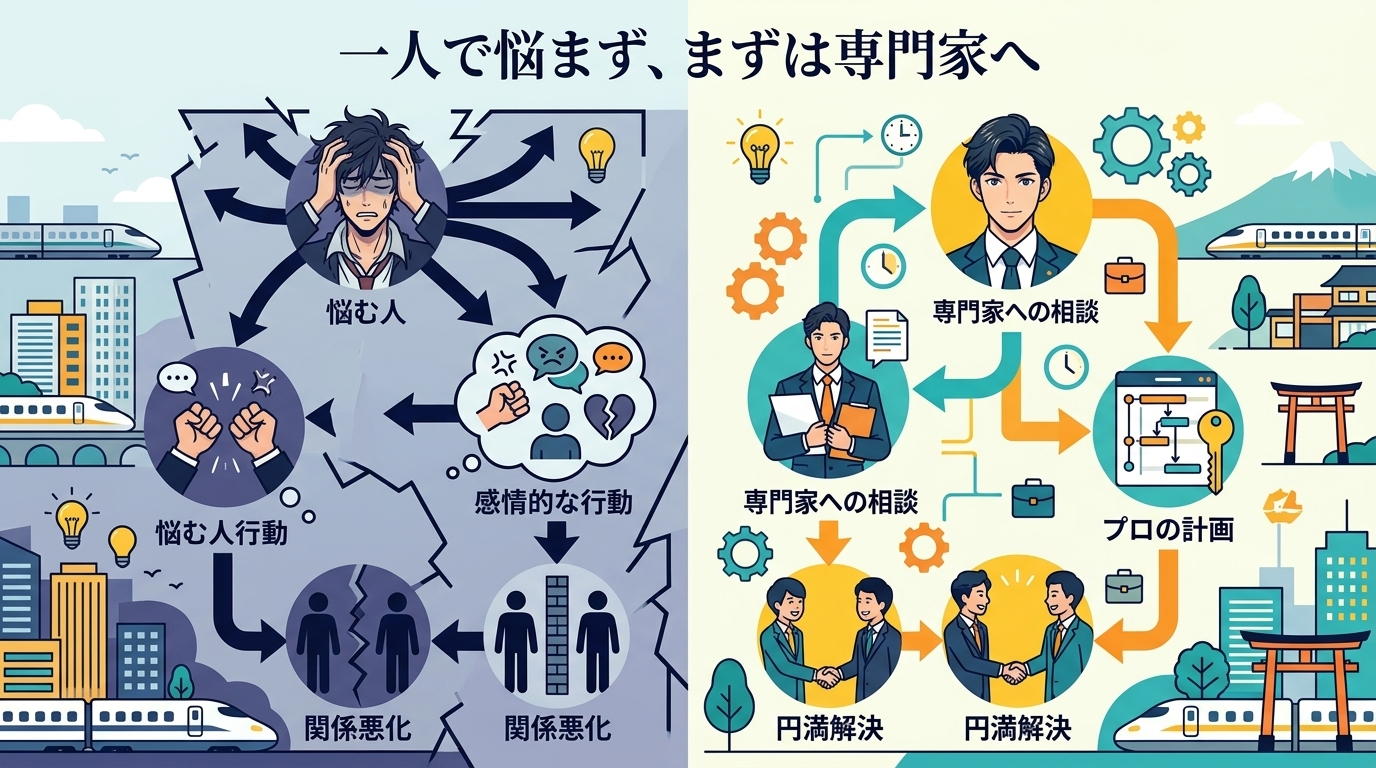 日本人の写真と現代日本の風景がベース。参照画像のテイストで生成。, インフォグラフィック、フラットデザイン。「一人で抱え込む問題解決」の失敗例と成功例を比較するフロー図。左半分は暗い色調で、「悩む人→