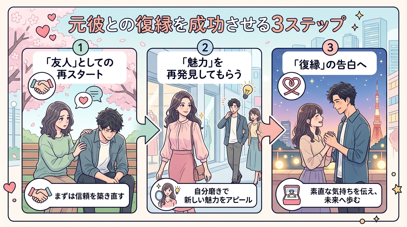 日本人の写真と現代日本の風景がベース。参照画像のテイストで生成。, 「元彼との復縁を成功させる3ステップ」というタイトルのインフォグラフィック。フラットデザインのデジタルイラストで、パステルカラーを基