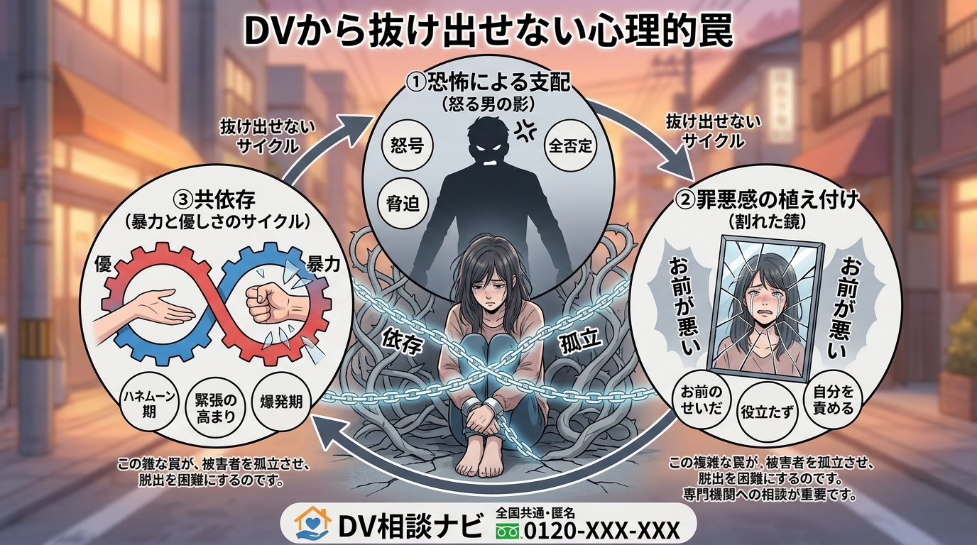 日本人の写真と現代日本の風景がベース。参照画像のテイストで生成。, インフォグラフィック「DVから抜け出せない心理的罠」。中央に鎖に縛られ悲しむ女性。彼女を囲むように円が3つあり、それぞれ「①恐怖によ