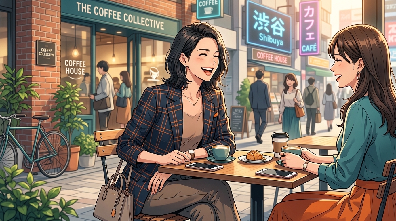 自分磨きで綺麗になった女性が友人とカフェで楽しそうに笑っている様子のイメージ写真。元彼への未練を感じさせない、自立した雰囲気が伝わるもの。]