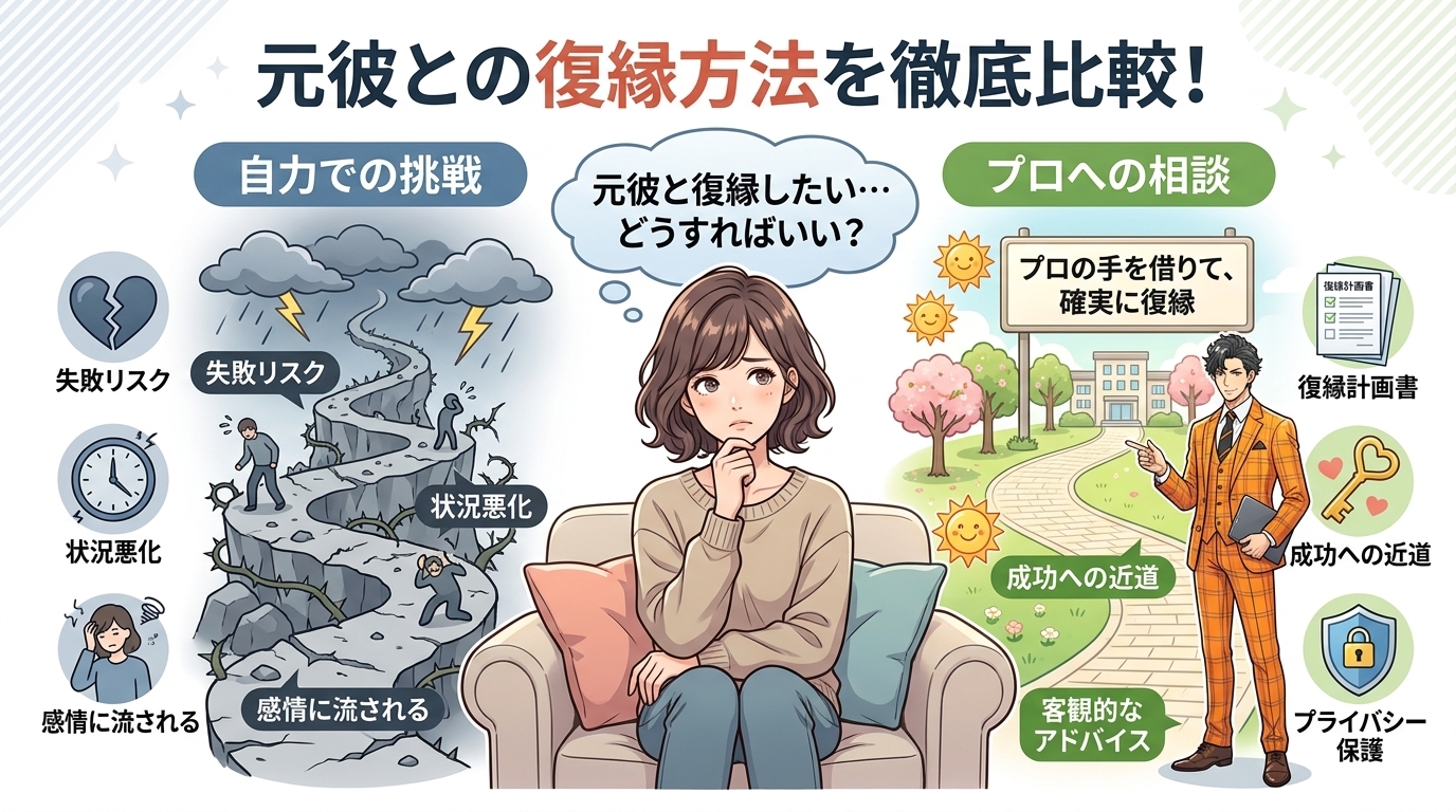 日本人の写真と現代日本の風景がベース。参照画像のテイストで生成。, 元彼との復縁方法を比較するインフォグラフィック。中央に悩む女性を配置。左側に「自力での挑戦」として茨の道と嵐のアイコンを描き、「失敗