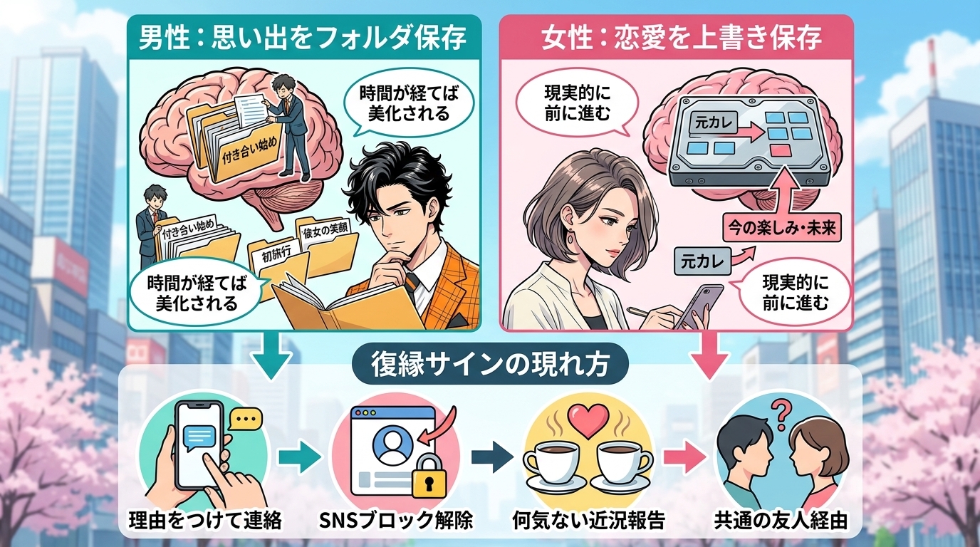 日本人の写真と現代日本の風景がベース。参照画像のテイストで生成。, インフォグラフィック、冷却期間中の男女の心理と復縁サインについての図解。左に「思い出をフォルダ保存」する男性の脳内、右に「恋愛を上書
