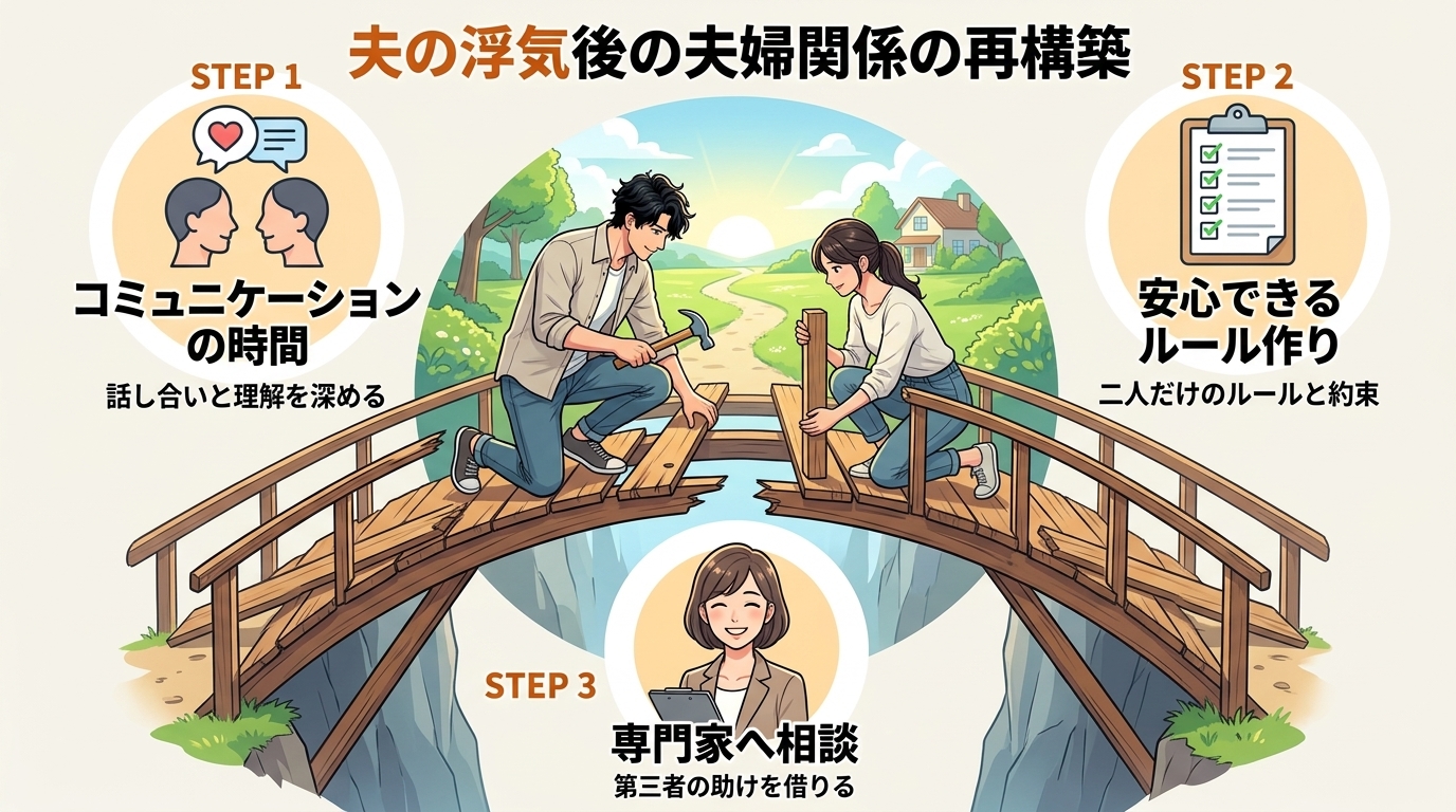 日本人の写真と現代日本の風景がベース。参照画像のテイストで生成。, 「夫の浮気後の夫婦関係の再構築」をテーマにしたステップ図のインフォグラフィック。中心に、壊れかけた橋を協力して修理する日本人夫婦を描