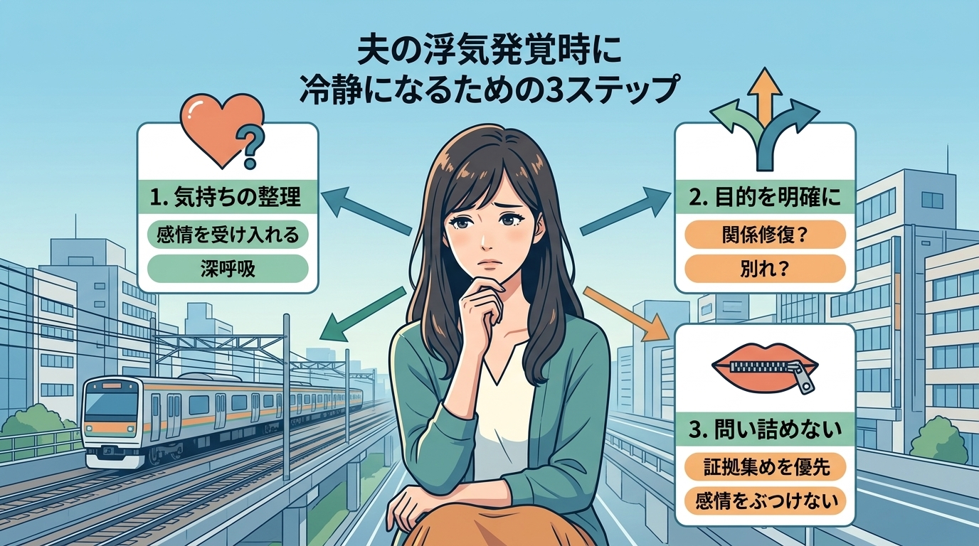 日本人の写真と現代日本の風景がベース。参照画像のテイストで生成。, 「夫の浮気発覚時に冷静になるための3ステップ」をテーマにしたインフォグラフィック。悩んでいる女性のイラストを中心に、1.「気持ちの整