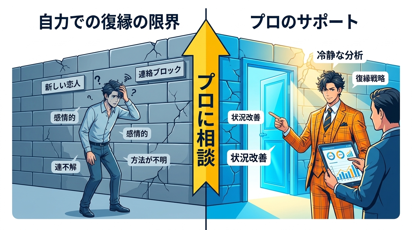 日本人の写真と現代日本の風景がベース。参照画像のテイストで生成。, インフォグラフィック。画面を左右に分割し、「自力での復縁の限界」と「プロのサポート」を対比。左側では悩む人物が「新しい恋人」「連絡ブ
