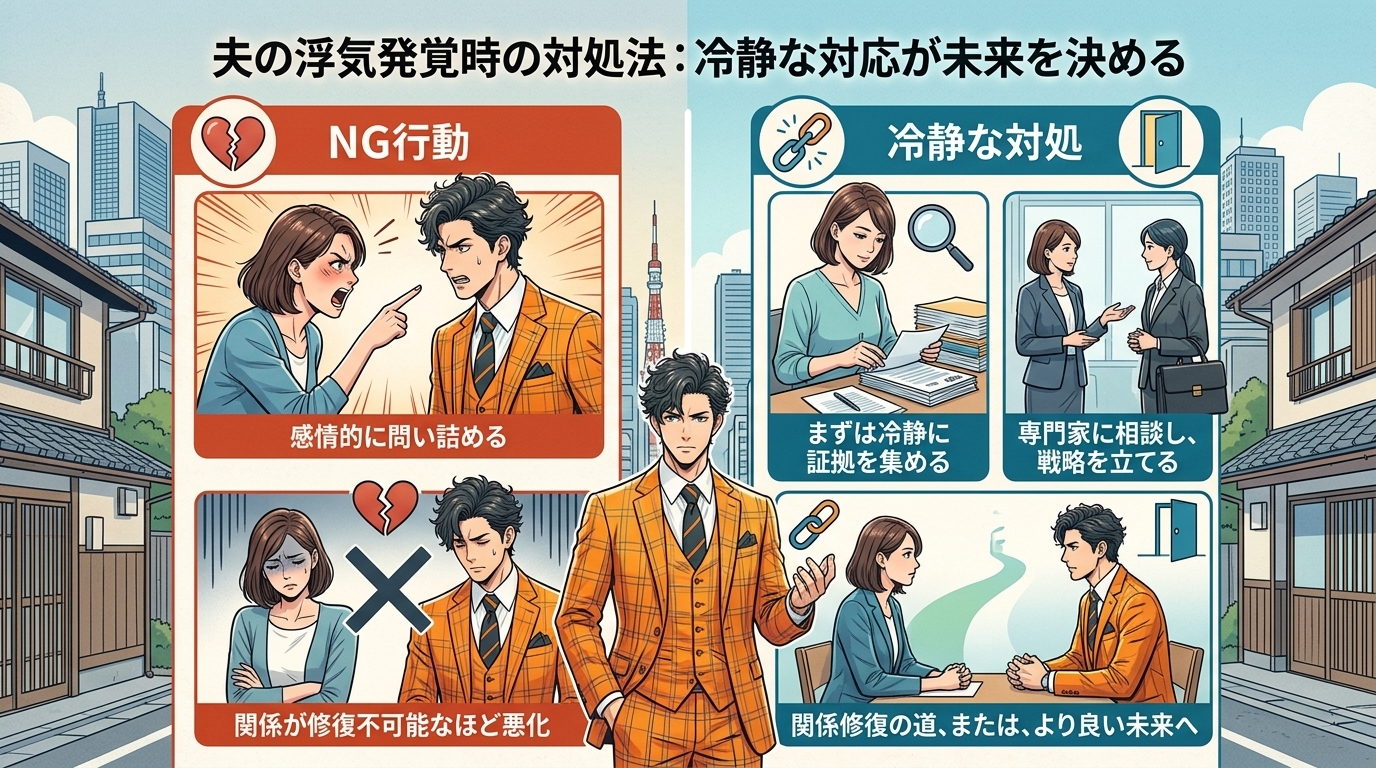 日本人の写真と現代日本の風景がベース。参照画像のテイストで生成。, 「夫の浮気発覚時の対処法」をテーマにしたインフォグラフィック。画面を左右に分割した比較図。左側は「NG行動」として、怒りで夫を問い詰