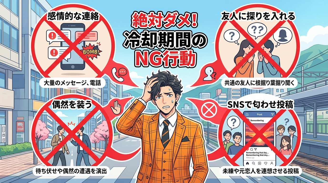 日本人の写真と現代日本の風景がベース。参照画像のテイストで生成。, 復縁における「冷却期間中のNG行動」をテーマにしたインフォグラフィック。中央に「絶対ダメ！冷却期間のNG行動」というタイトルと困った