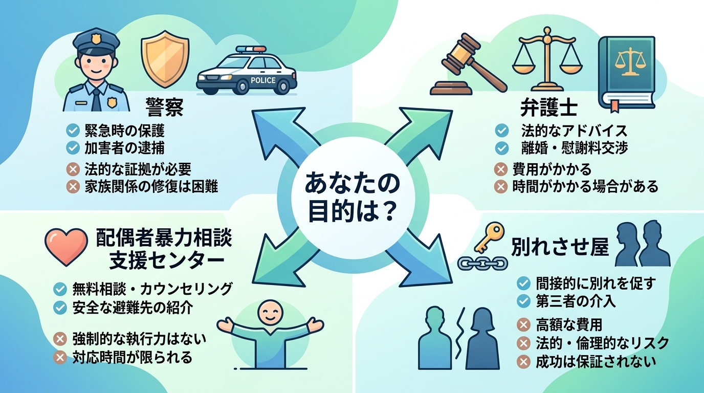 日本人の写真と現代日本の風景がベース。参照画像のテイストで生成。, DV相談窓口の目的別比較インフォグラフィック。中央に「あなたの目的は？」という問いを配置し、4つの選択肢「警察」「弁護士」「配偶者暴