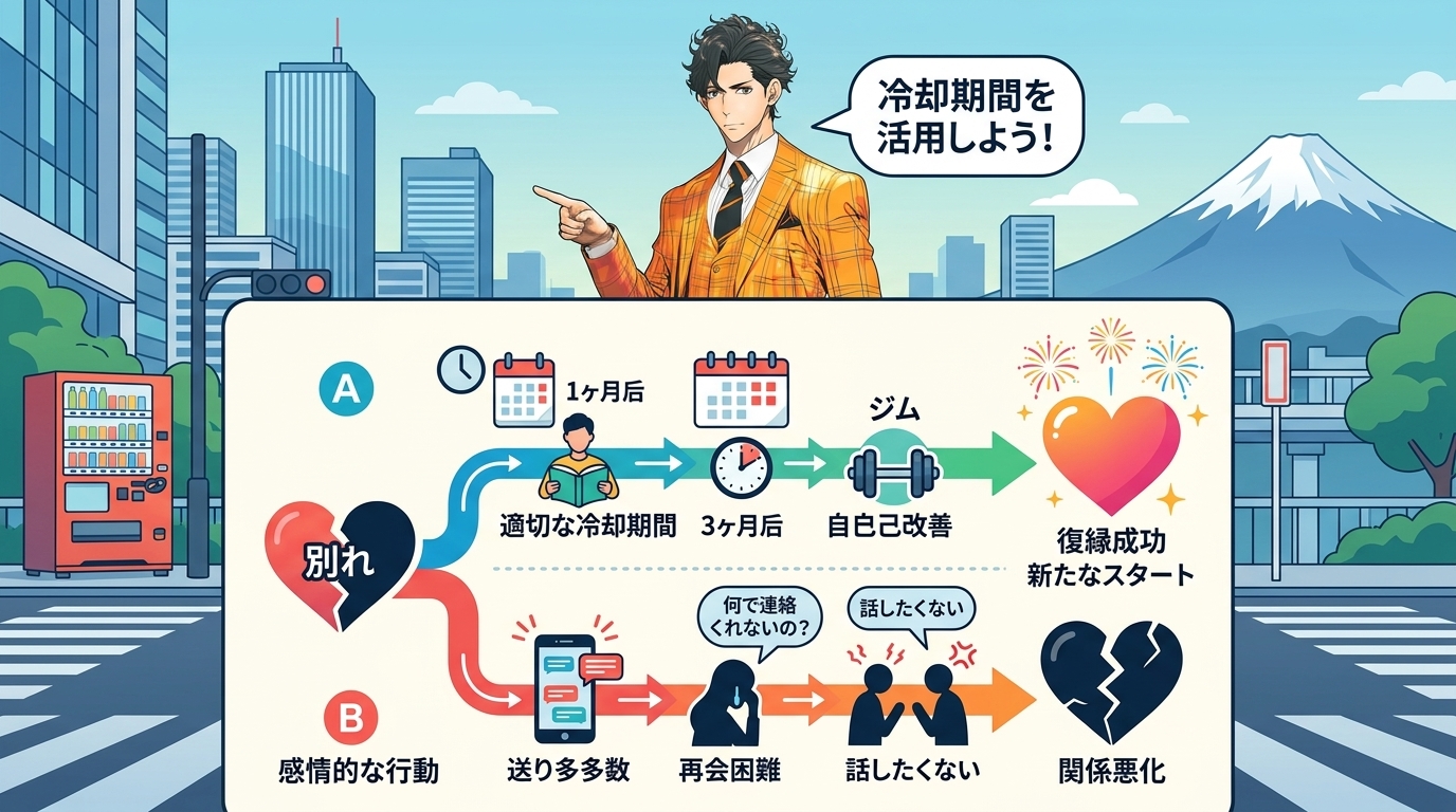 日本人の写真と現代日本の風景がベース。参照画像のテイストで生成。, インフォグラフィック、図解。テーマは「復縁と冷却期間」。中央の「別れ」を示す割れたハートから道が二つに分岐。上は「適切な冷却期間」を
