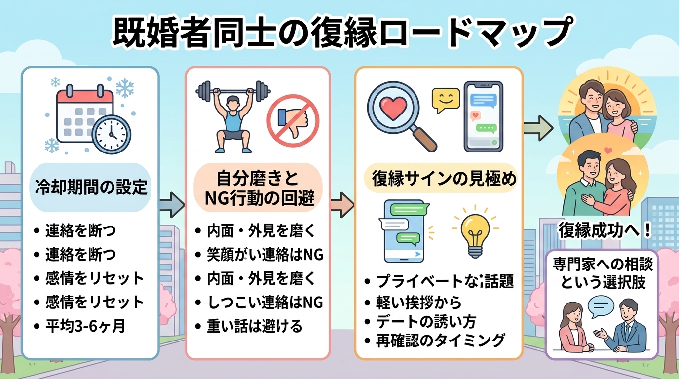 日本人の写真と現代日本の風景がベース。参照画像のテイストで生成。, 「既婚者同士の復縁ロードマップ」というタイトルのインフォグラフィック。別れから復縁成功までの4ステップ（1.冷却期間の設定、2.自分