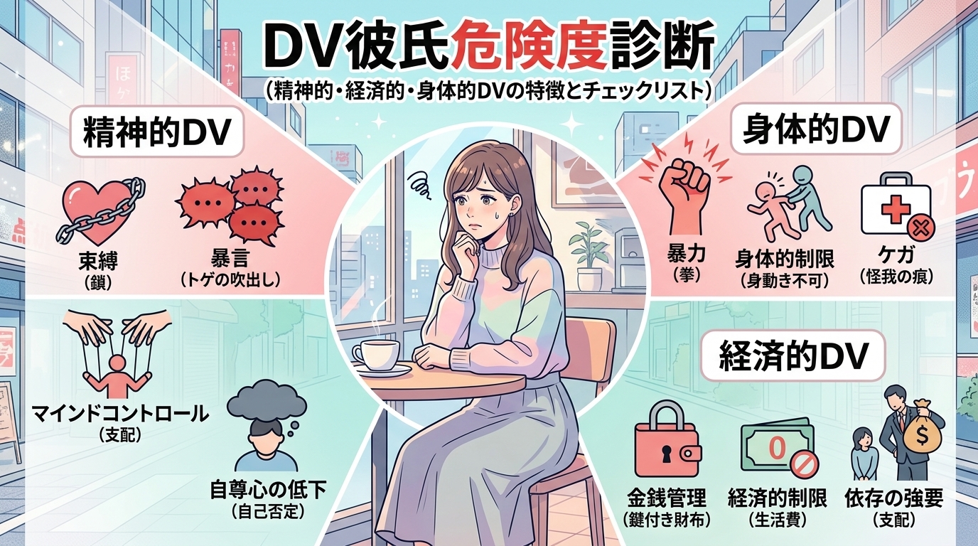 日本人の写真と現代日本の風景がベース。参照画像のテイストで生成。, 「DV彼氏危険度診断」というタイトルのインフォグラフィック。中央に悩む女性のイラストを配置し、彼女から放射状に「精神的DV」「経済的
