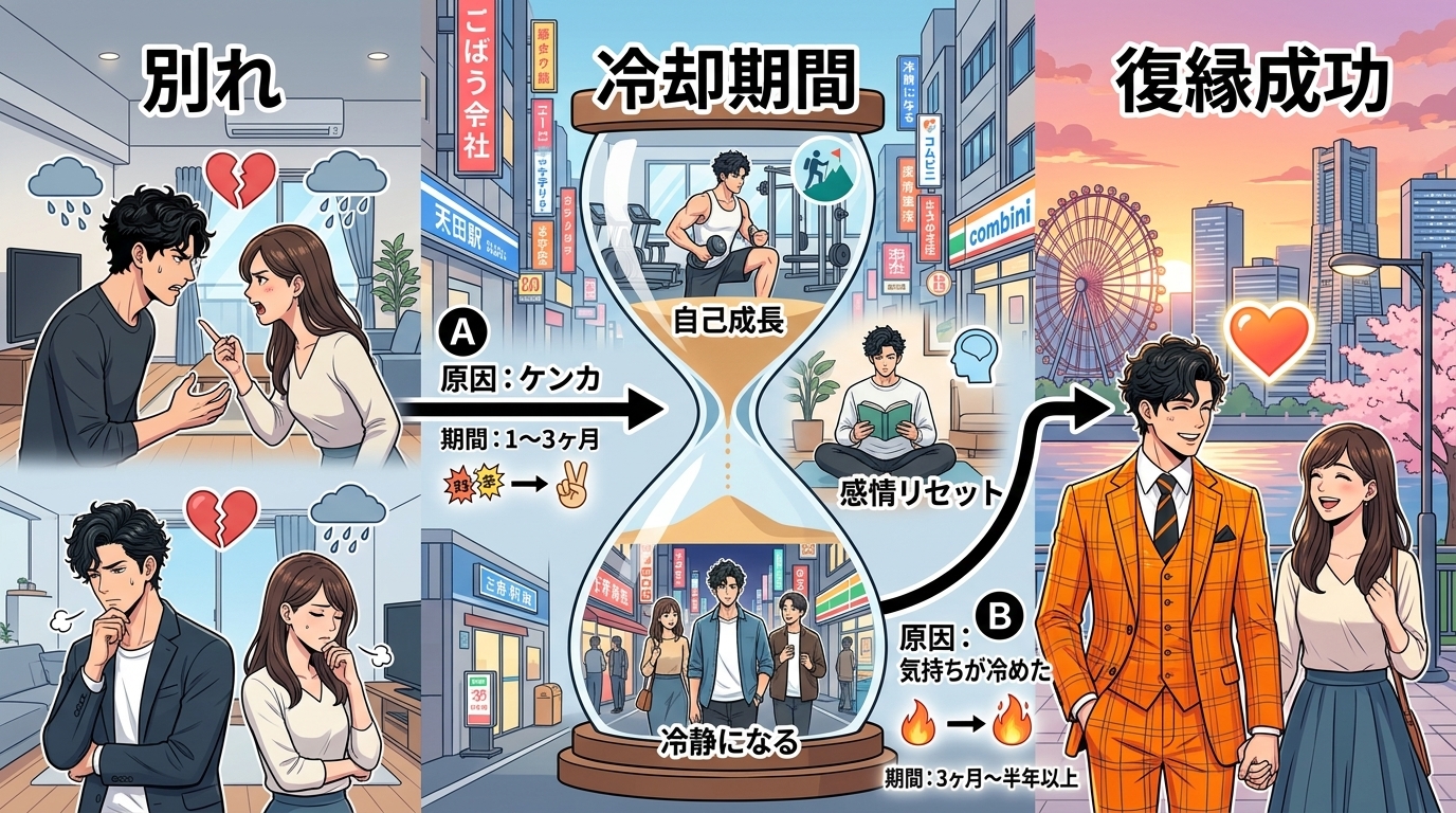 日本人の写真と現代日本の風景がベース。参照画像のテイストで生成。, 「復縁の冷却期間」を解説するインフォグラフィック。左に「別れ」で悲しむ男女、中央に「冷却期間」として大きな砂時計、右に「復縁成功」で