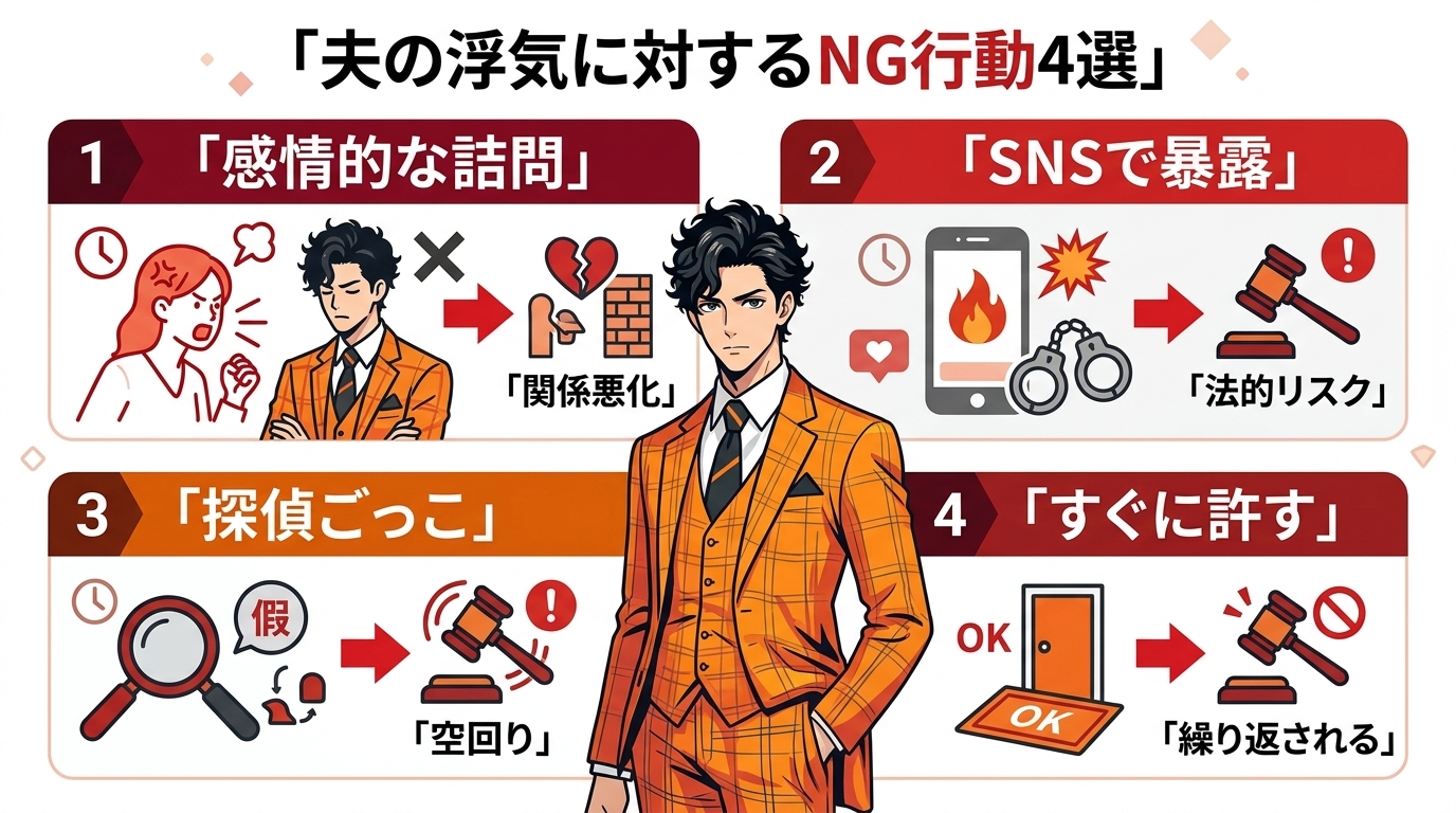 日本人の写真と現代日本の風景がベース。参照画像のテイストで生成。, 「夫の浮気に対するNG行動4選」をテーマにしたインフォグラフィック。4つの禁止事項をアイコンと日本語の短いキーワードで示す、フラット