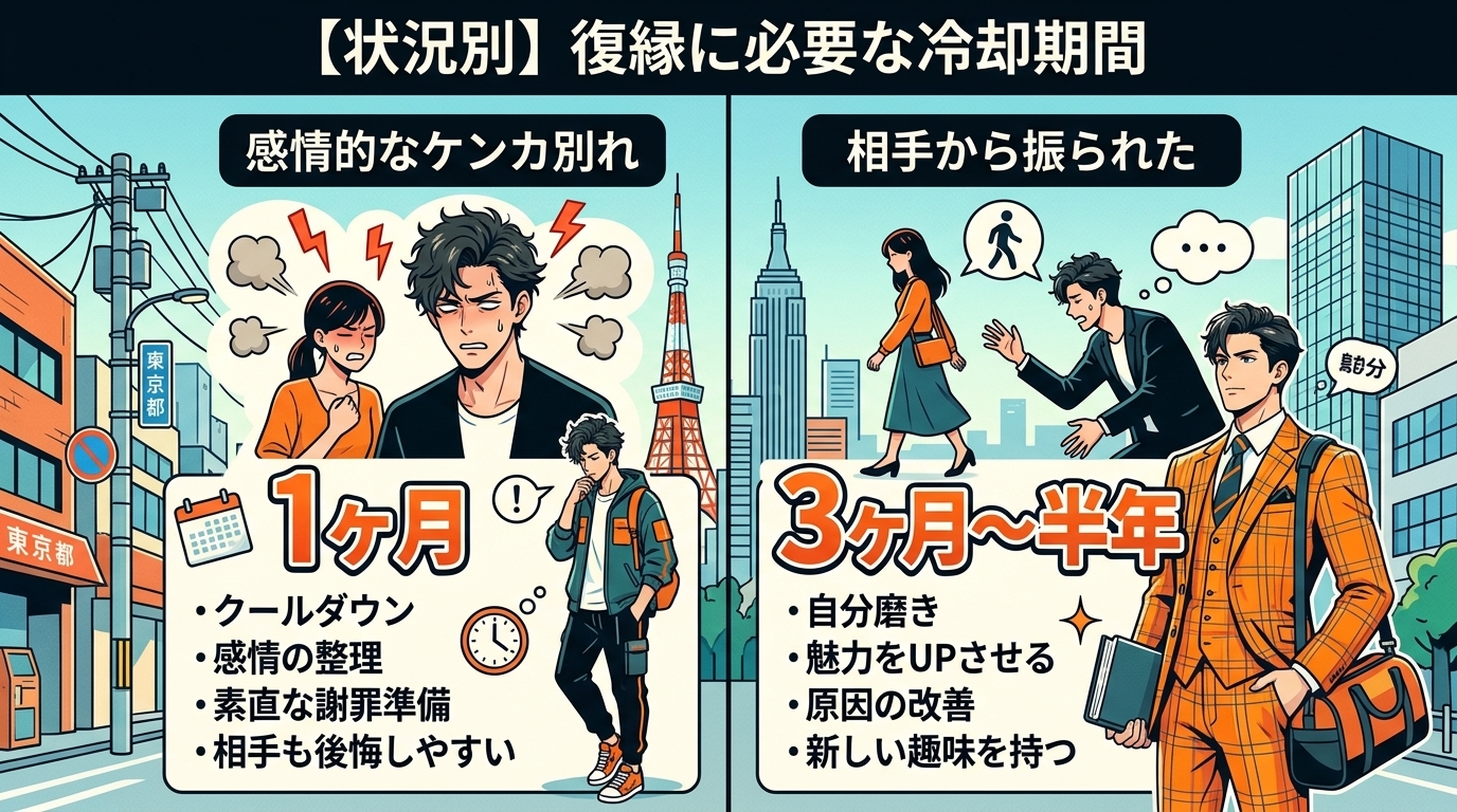 日本人の写真と現代日本の風景がベース。参照画像のテイストで生成。, 「【状況別】復縁に必要な冷却期間」というタイトルのインフォグラフィック。左右二分割の比較図で、左は「感情的なケンカ別れ」。雷アイコン