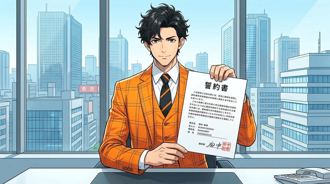 署名・捺印された誓約書のサンプル画像（内容は個人情報に配慮しダミーテキストで構成）]