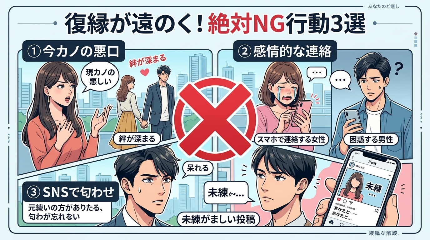 日本人の写真と現代日本の風景がベース。参照画像のテイストで生成。, インフォグラフィック、タイトル「復縁が遠のく！絶対NG行動3選」。中央に大きく赤い禁止マークを配置し、その周りに3つのNG行動を図解