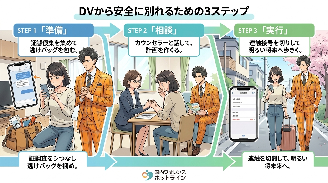 日本人の写真と現代日本の風景がベース。参照画像のテイストで生成。, DVから安全に別れるための3ステップを描いたインフォグラフィック。安心感のある優しいタッチのデジタルイラストで、左から右へ物語が進む