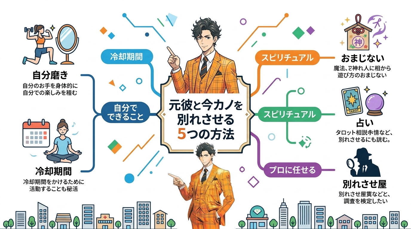 日本人の写真と現代日本の風景がベース。参照画像のテイストで生成。, 「元彼と今カノを別れさせる5つの方法」というテーマのインフォグラフィック。中央のタイトルから「自分でできること」「スピリチュアル」「