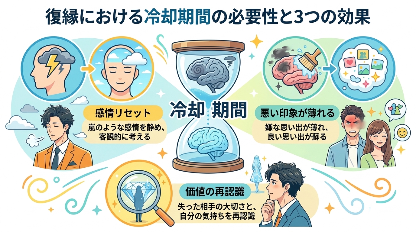 日本人の写真と現代日本の風景がベース。参照画像のテイストで生成。, 復縁における冷却期間の必要性と3つの効果を示すインフォグラフィック。明るい配色のフラットなデジタルイラストで作成。中央に「冷却期間」