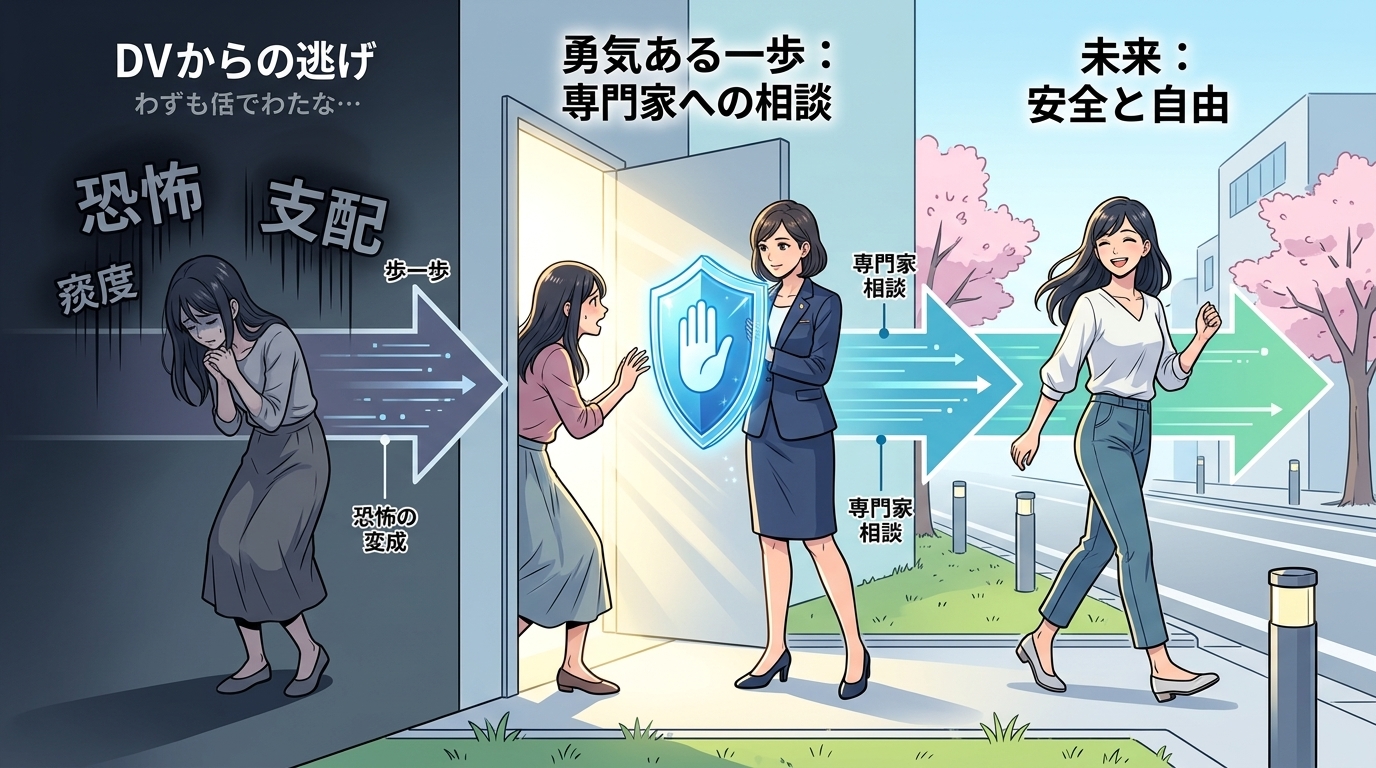 日本人の写真と現代日本の風景がベース。参照画像のテイストで生成。, DVからの脱出プロセスを描いたインフォグラフィック。左の暗い空間で女性が悩む「現状：恐怖と支配」。中央で「勇気ある一歩：専門家への相