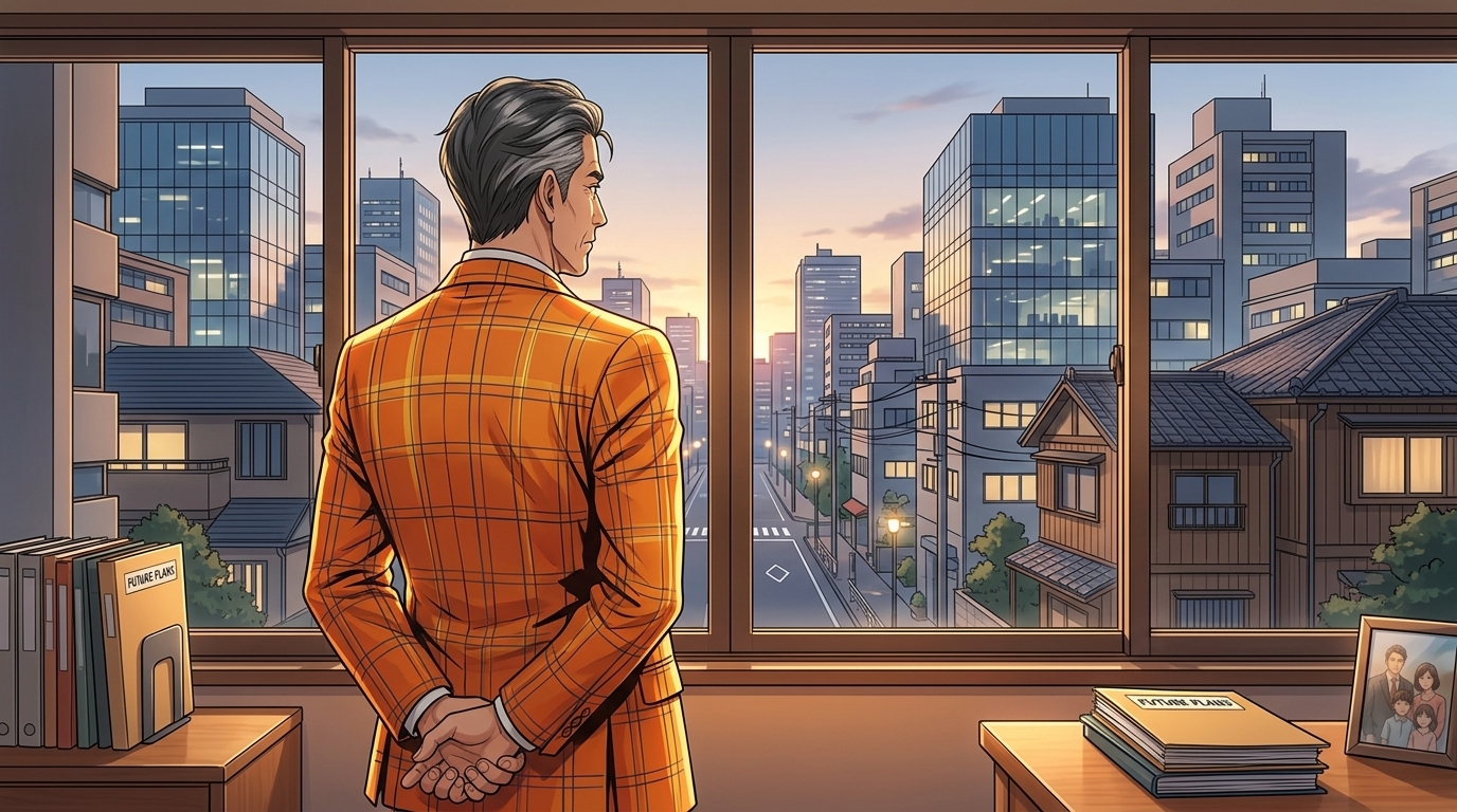 息子の将来を案じ、窓の外を見ながら物思いにふける50代〜60代の親（父親または母親）の後ろ姿のイメージ写真。深刻だが絶望的ではない、落ち着いた雰囲気が望ましい。]