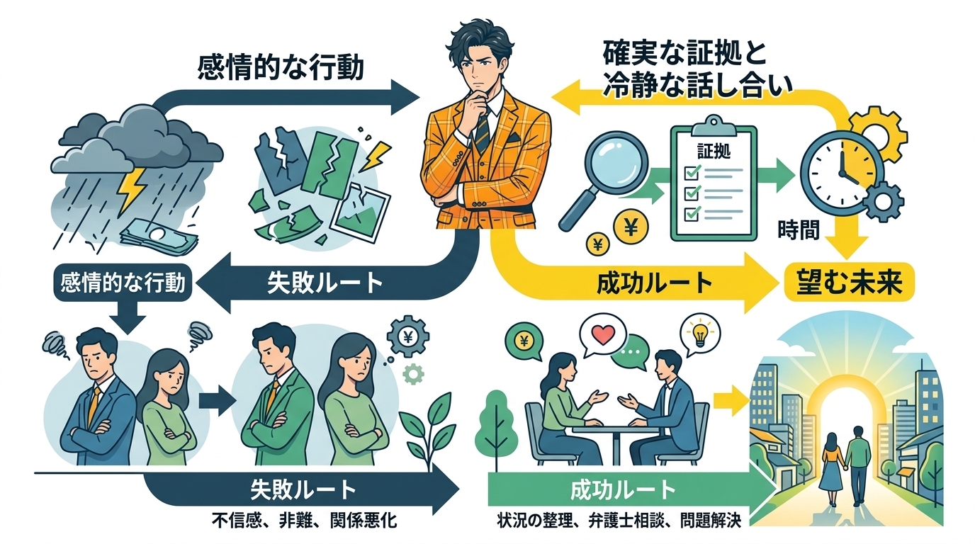 日本人の写真と現代日本の風景がベース。参照画像のテイストで生成。, インフォグラフィック、デジタルイラスト、フラットデザイン。夫の浮気問題を解決する道のりを描いた比較フロー図。中央の分岐点から、左は「
