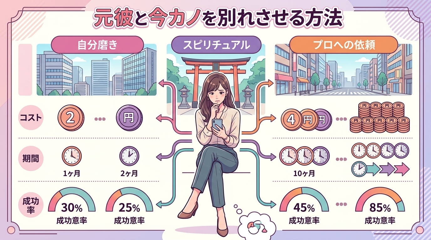日本人の写真と現代日本の風景がベース。参照画像のテイストで生成。, 「元彼と今カノを別れさせる方法」という日本語タイトルのインフォグラフィック。中央にスマートフォンを見ながら悩む女性を描き、そこから「